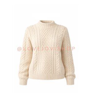 Nordic Winter | 100% Wool Cable Knit Crew Sweater | Natural Off White | Handmade
